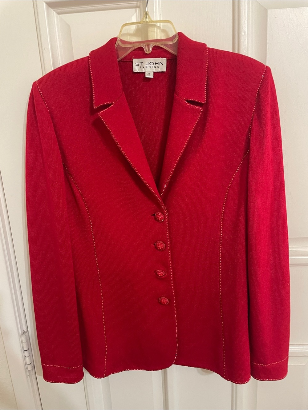 St.John Evening Knit Suit Jacket Matching Red Rhinestones Trim Sz 12